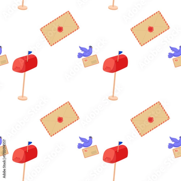 Fototapeta Colorful pattern featuring mailboxes, envelopes, and a bird with letters on a white background