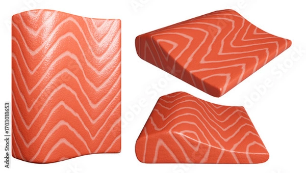 Fototapeta Salmon fillet isolated on white background. Abstract salmon meat on orange background with stripes salmon line art. Japanese Restaurant, website, banner, packaging. 3d render
