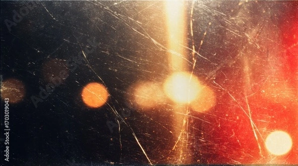 Fototapeta Vintage film texture with light leaks, scratches, dust and grain, creating retro grunge distressed effect with bokeh, glow and burn style background for nostalgic design and creative projects