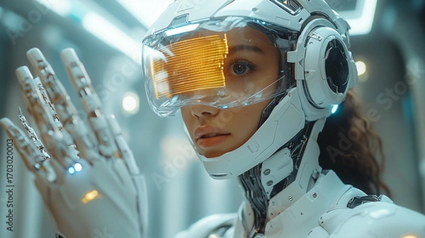 Fototapeta Future Explorer: A futuristic figure in a sleek, advanced spacesuit, her hand raised in a gesture of wonder, exploring the technological frontiers of tomorrow.