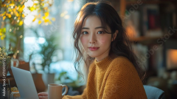 Fototapeta Serene Focus: A captivating woman sits at a sun-drenched desk, immersed in work on her laptop with a warm cup of coffee, exuding tranquility and concentration.