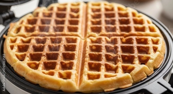 Fototapeta Golden brown waffles cooking in a waffle maker, ready to serve hot