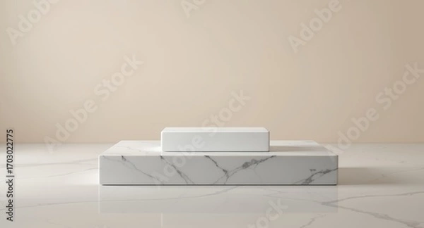 Fototapeta White Marble Platform with White Cube, Minimalist Product Display, Clean Background, Mockup Template for Presentation