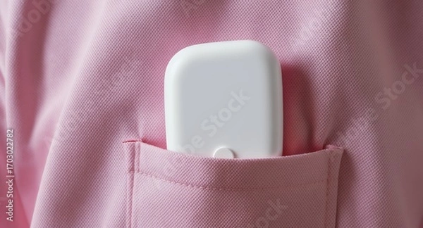 Fototapeta White rectangular device in pink pocket, close-up product shot for advertising