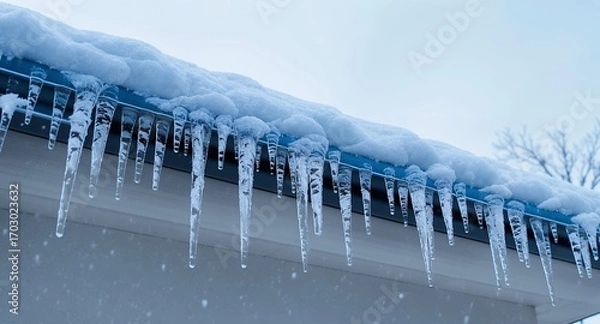 Fototapeta Winter Icicles Hanging from Roof Edge, Snow Covered Gutter, Cold Weather Image for Weather Reports, Winter Background, Frozen Water, Ice Formations, Seasonal Photography