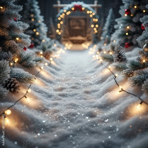 Fototapeta Winter Wonderland Scene with Snowy Path and Festive Lights for Holiday Cards and Backgrounds