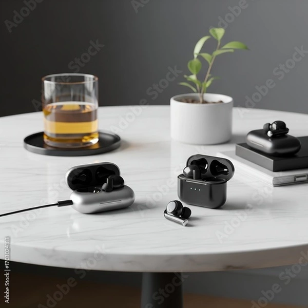 Fototapeta Wireless Earbuds and Charging Cases on Table, Modern Tech Product Shot