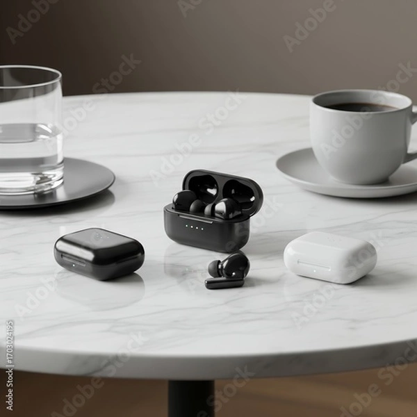 Fototapeta Wireless earbuds, charging case, technology, product shot, modern design, audio device, minimalist style, headphones, portable music, gadget, listening, sound, white, black, marble table, still l