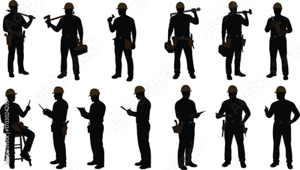 Fototapeta Silhouettes of construction workers wearing helmets, holding tools, using mobile devices, showing teamwork, safety, labor, professionalism, and building industry concepts.