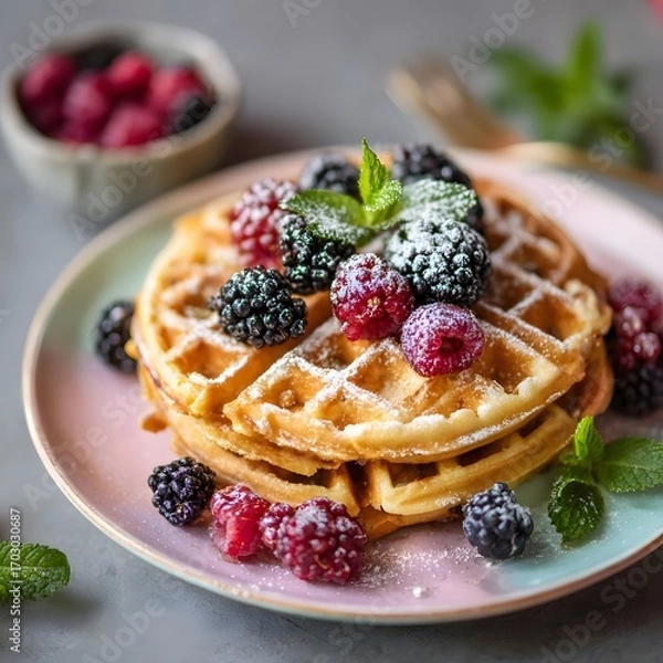 Obraz Golden Waffles Stack with Fresh Berries and Mint Leaves on Colorful Plate