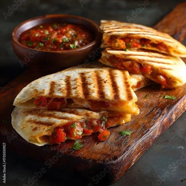 Obraz Grilled Quesadilla Slices with Fresh Salsa on Rustic Wooden Board
