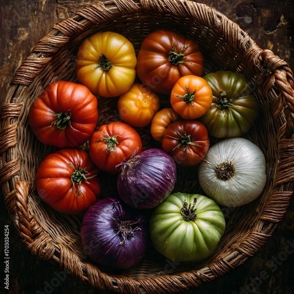 Fototapeta Colorful Heirloom Tomatoes and Onions in Rustic Woven Basket