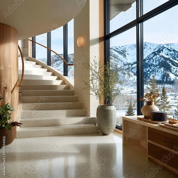 Fototapeta Modern Staircase Leading to Snowy Mountain View in Stylish Entryway