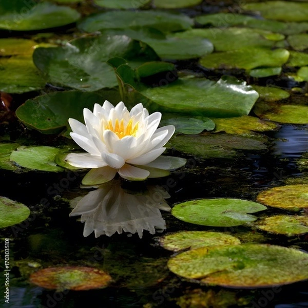 Fototapeta White Water Lily Flower Floating on Dark Pond with Lily Pads