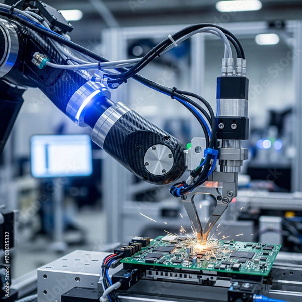 Fototapeta Robotic Arm Soldering a Circuit Board on an Automated Production Line with Sparks Flying