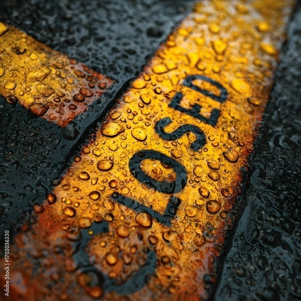 Fototapeta Wet Yellow Line with Black Lettering Close-up Macro Shot