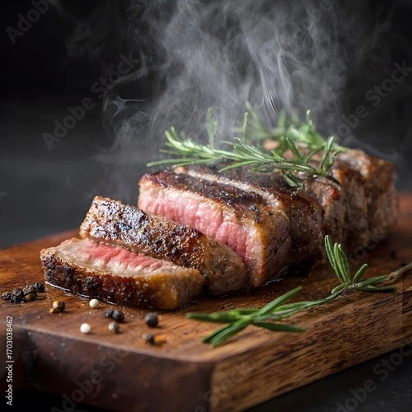 Fototapeta Grilled Sliced Steak with Rosemary on Wooden Board Steaming in Dark Setting