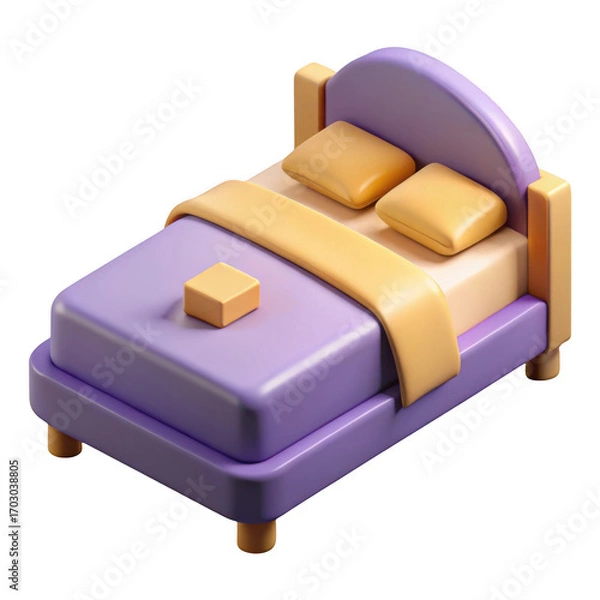 Fototapeta 3d cartoon bed render purple and yellow isolated on transparent background