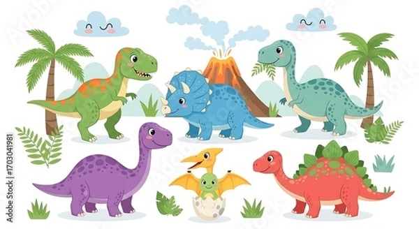 Fototapeta Cute cartoon dinosaurs collection with volcano and palm trees