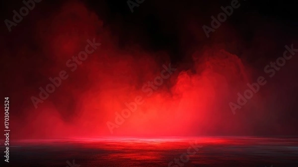 Fototapeta Abstract background with intense red light gradient emerging from deep charcoal black shadows, soft luminous glow, dramatic atmosphere, subtle smoke veils, minimalist composition, high contrast, evoke