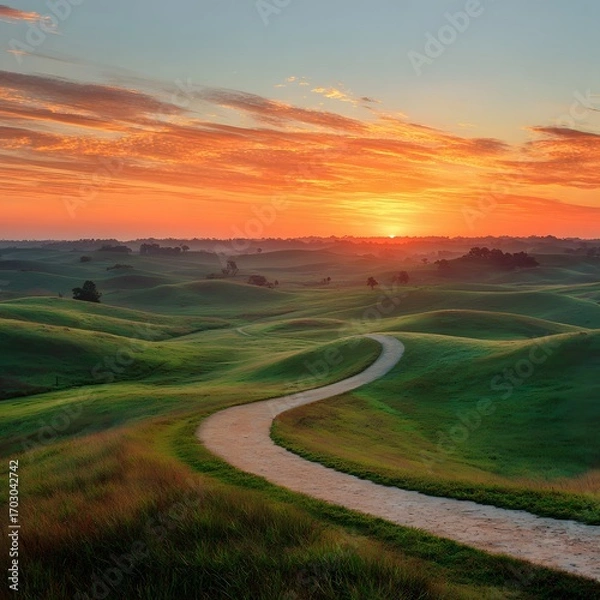 Obraz Sunrise casts a warm glow over a rolling green landscape, with a winding road leading towards the horizon, showcasing natural beauty