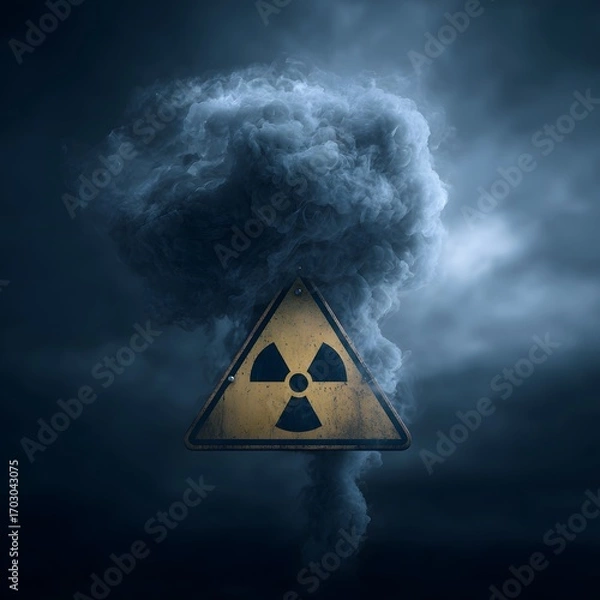 Fototapeta Radioactive hazard warning sign with cloud of smoke, depicting environmental danger, representing nuclear threat and power, illustrating concept of pollution
