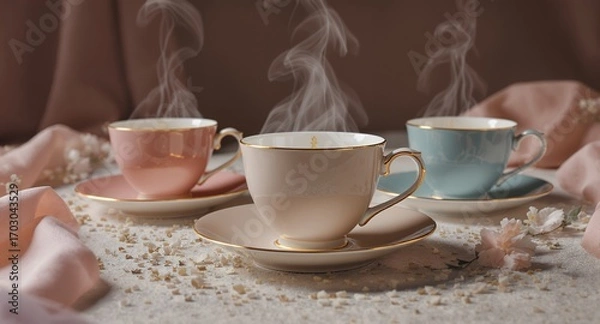 Fototapeta Three pastel teacups with steam on a table with flowers and confetti