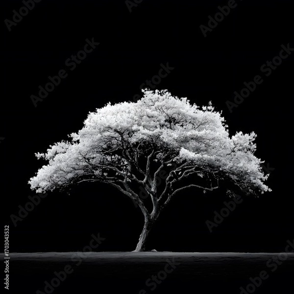 Fototapeta Black and white tree silhouette isolated on a black background, representing nature's resilience, tranquility, and the passage of time