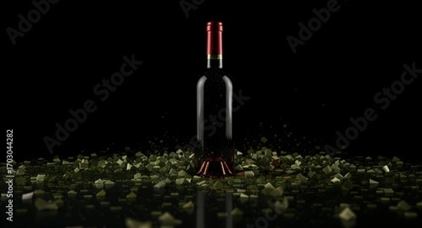 Fototapeta Wine bottle product shot, dark background, abstract elements, beverage, alcohol, drink, red wine, glass bottle, studio shot, elegant, luxury, sophisticated, minimal design, product photography, a