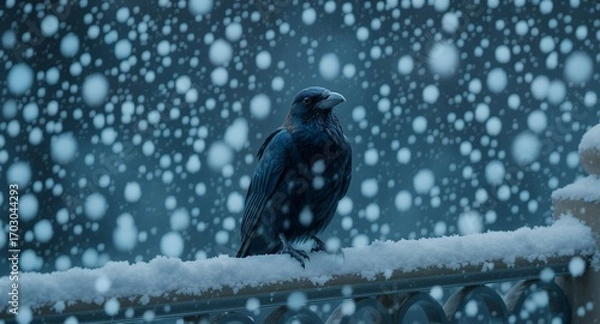 Fototapeta Winter Bird on Snowy Fence, Dark Bird in Snowfall, Cold Weather Photography, Avian Wildlife Image