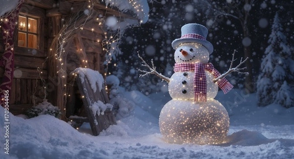 Fototapeta Winter Wonderland Illuminated Snowman Near Cabin with Falling Snow