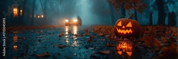 Fototapeta Glowing Jack-o'-Lantern On Foggy Autumn Road