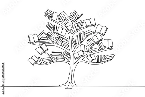 Fototapeta Single one line drawing a tree with branches filled with various books. The higher the level, the more knowledge is needed. Artificial plants. Book Tree. Continuous line design graphic illustration