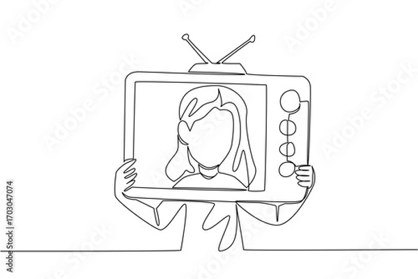 Fototapeta Single continuous line drawing a girl holding an old television made of cardboard. Playing the role of a child artist on old school television. Inside Television. One line design vector illustration
