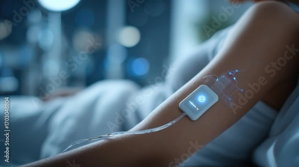 Fototapeta A futuristic wearable medical device on a person's arm monitors health data through wireless technology in a high-tech healthcare setting.