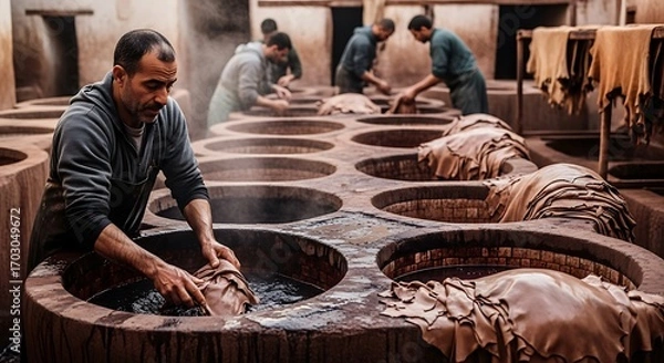 Obraz Artisanal Leather Tannery Workers Dyeing Hides in Vats.