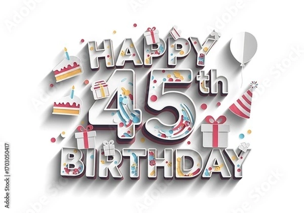 Obraz Silver metallic 45th birthday greeting with party icons