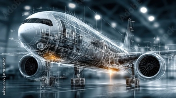 Fototapeta A digital wireframe model of a commercial airplane is shown in a futuristic, high-tech setting, illustrating advanced aviation design and engineering.