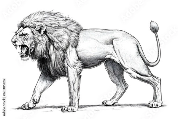 Fototapeta Pencil drawing of angry and fierce lion, side view, white background
