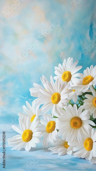 Fototapeta Bouquet of white daisies against a soft blue sky background.