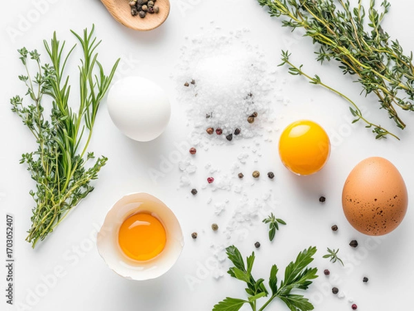 Fototapeta Fresh eggs, herbs, and seasonings arranged artistically on a white surface.