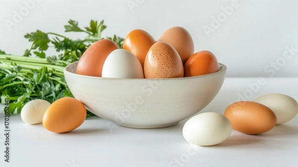 Fototapeta Colorful eggs in a bowl with fresh parsley on a white background.