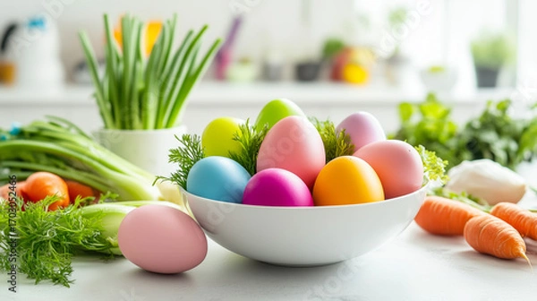 Fototapeta Vibrant Easter eggs in a white bowl surrounded by fresh vegetables.