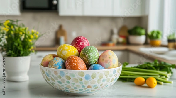 Fototapeta Colorful Easter eggs in a decorative bowl on a kitchen counter.
