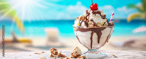 Fototapeta Delicious ice cream sundae with chocolate sauce by the beach.
