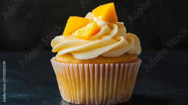 Fototapeta Delicious cupcake topped with fresh mango chunks on a dark background.