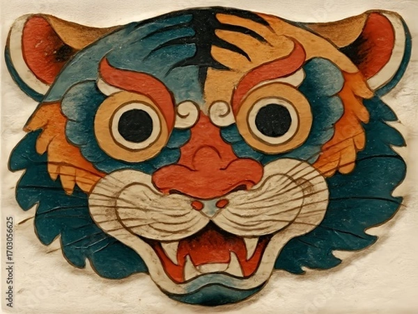 Fototapeta Smiling tiger guardian portrait in classic minhwa style with striking stripes a thick nose and gentle highlights that evoke friendly protection