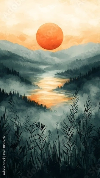 Obraz Misty River Sunset for Mountain Landscape.
