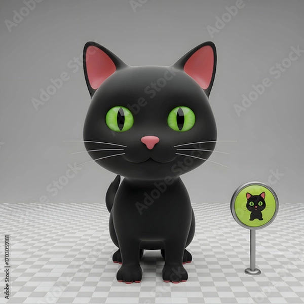 Fototapeta Adorable Black Cat 3D Character with Bright Green Eyes — Playful Pet Mascot

