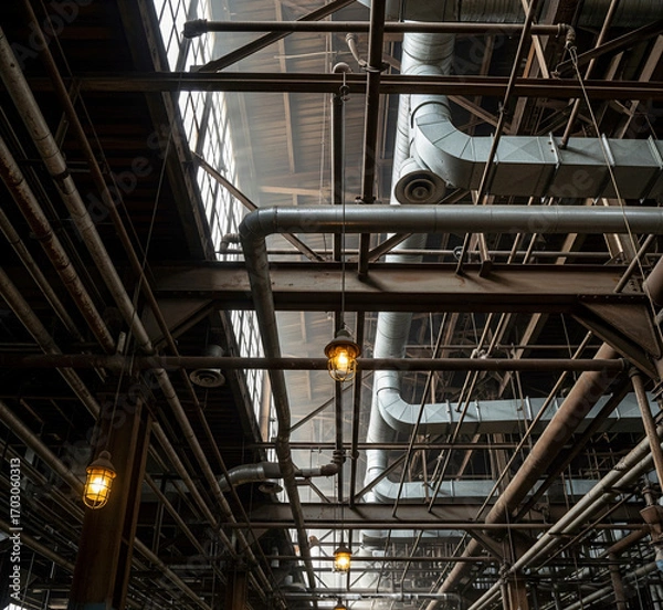Fototapeta Industrial ceiling with a complex network of rusty pipes, metal beams, and air ducts, illuminated by vintage hanging lamps in a warehouse or factory setting